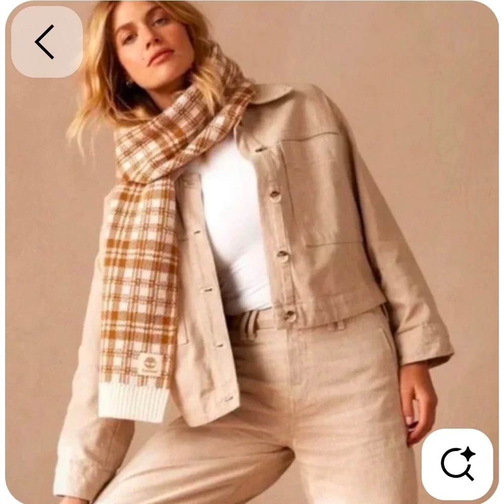 Timberland Women's‎ Plaid Scarf Tan Cream Knit Fringe Winter Warm NEW